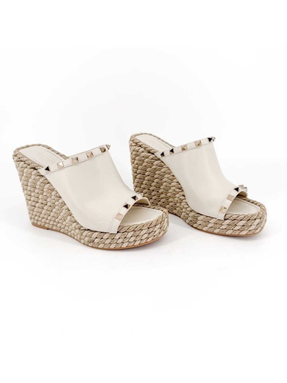 Valentino Rockstud Torchon Espadrille Wedge Sandals White Leather Size 39 US 9